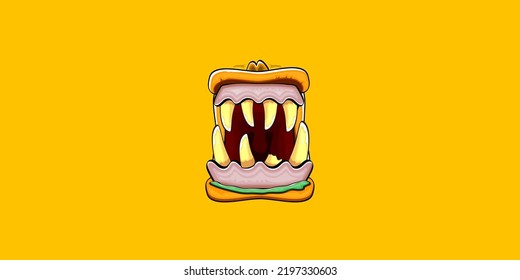 Vector cartoon funny silly zombie monster mouth with rotten teeth isolated on orange horizontal banner background. Vector happy Halloween kids t-shirt design template with funky monster mouth