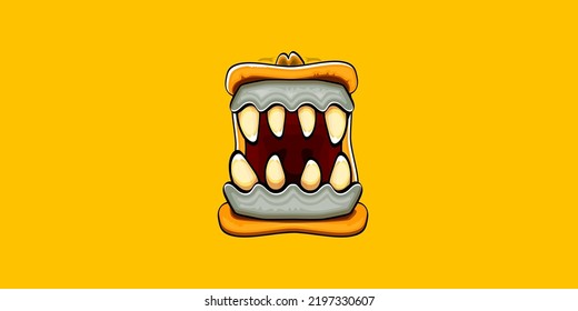 Caricatura vectorial graciosa y tonta boca monstruo zombie con dientes podridos aislados en el fondo de la bandera horizontal naranja. Plantilla de diseño de camisetas para niños de Halloween felices vectores con boca de monstruo divertida