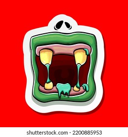 Vector cartoon funny silly zombie monster mouth sticker with rotten teeth isolated on red background. Vector happy Halloween kids t-shirt design template with funky monster mouth