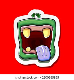 Vector cartoon funny silly zombie monster mouth sticker with rotten teeth isolated on red background. Vector happy Halloween kids t-shirt design template with funky monster mouth
