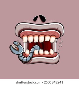 Vector de dibujos animados divertido monstruo zombi tonto boca con dientes podridos y gusano aislado sobre fondo gris. Vector feliz Halloween niños camiseta Plantilla de diseño con cara de monstruo funky 