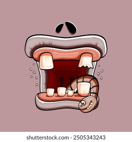 Vector de dibujos animados divertido monstruo zombi tonto boca con dientes podridos y gusano aislado sobre fondo gris. Vector feliz Halloween niños camiseta Plantilla de diseño con cara de monstruo funky 