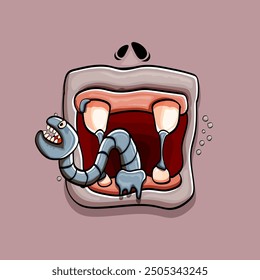 Vector de dibujos animados divertido monstruo zombi tonto boca con dientes podridos y gusano aislado sobre fondo gris. Vector feliz Halloween niños camiseta Plantilla de diseño con cara de monstruo funky 
