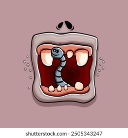 Vector de dibujos animados divertido monstruo zombi tonto boca con dientes podridos y gusano aislado sobre fondo gris. Vector feliz Halloween niños camiseta Plantilla de diseño con cara de monstruo funky 