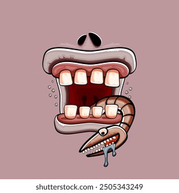 Vector cartoon funny silly zombie monster mouth with rotten teeth and worm isolated on grey background. Vector happy Halloween kids t-shirt design template with funky monster face 