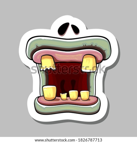 Vector cartoon funny silly zombie monster mouth sticker with rotten teeth isolated on grey background. Vector happy Halloween kids t-shirt design template with funky monster mouth