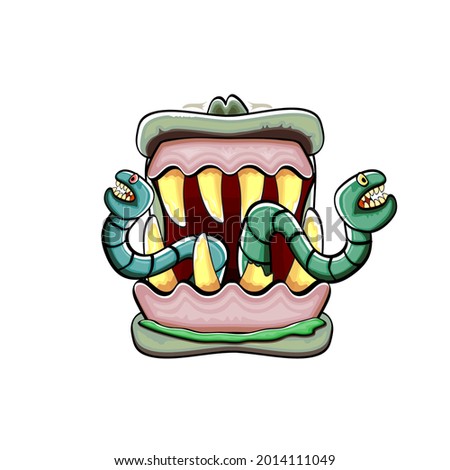 Vector cartoon funny silly zombie monster mouth with rotten teeth and green worm isolated on white background. Vector happy Halloween kids t-shirt design template with funky monster mouth