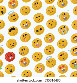 Vector cartoon funny smiley emojii face seamless pattern on white background. Different emotions. Colorful background