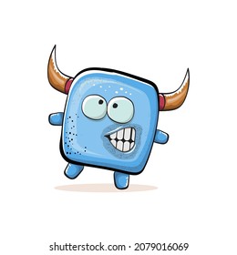 Vector cartoon funny smiling blue monster with horn isolated on white background.  Smiling silly blue monster print sticker design template.  Ghost, troll, gremlin, goblin, devil and monster