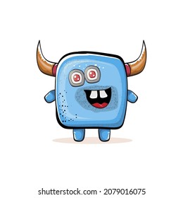 Vector cartoon funny smiling blue monster with horn isolated on white background.  Smiling silly blue monster print sticker design template.  Ghost, troll, gremlin, goblin, devil and monster