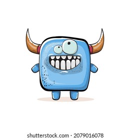 Vector cartoon funny smiling blue monster with horn isolated on white background.  Smiling silly blue monster print sticker design template.  Ghost, troll, gremlin, goblin, devil and monster