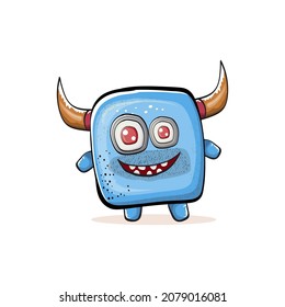 Vector cartoon funny smiling blue monster with horn isolated on white background.  Smiling silly blue monster print sticker design template.  Ghost, troll, gremlin, goblin, devil and monster