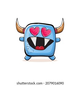 Vector cartoon funny smiling blue monster with horn isolated on white background.  Smiling silly blue monster print sticker design template.  Ghost, troll, gremlin, goblin, devil and monster