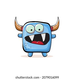 Vector cartoon funny smiling blue monster with horn isolated on white background.  Smiling silly blue monster print sticker design template.  Ghost, troll, gremlin, goblin, devil and monster