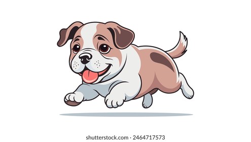 Vector cartoon funny smiling cheerful cute little purebred running chubby puppy. Friendly domestic pet. White isolated background.