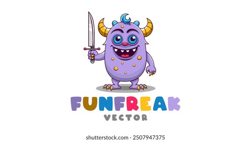 Vector cartoon funny smiling cute horned lilac freak with knife. Toon monster. Isolated white background.