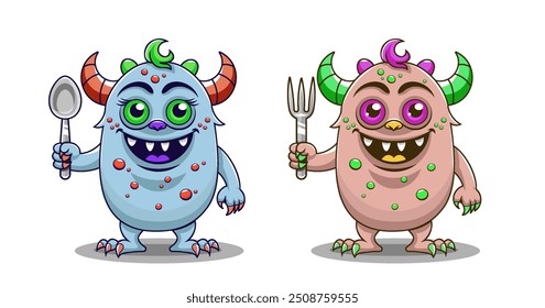 Vector cartoon funny smiling cute horned blue and brown freaks with spoon and fork. Cheerful toon monsters with warts and claws. Set stickers. Isolated white background.