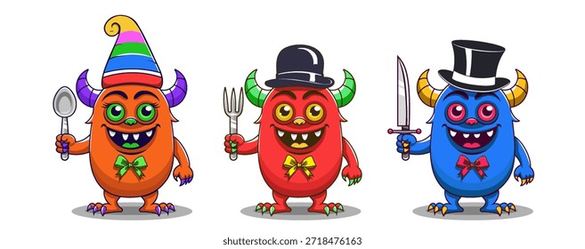 Vector de dibujos animados divertido sonriente lindo cornudo azul y marrón freaks con cuchara y tenedor. Alegres monstruos de tono con verrugas y garras. Coloca pegatinas. Fondo blanco aislado.
