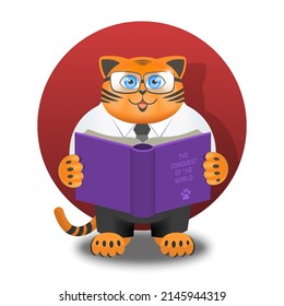 Vector cartoon funny smiling ginger fat cat office worker in glasses with 3d opened purple book on a red circle background