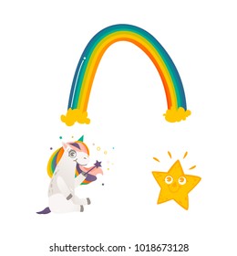 Vector cartoon funny stylized unicorn sitting smiling with rainbow colorful hair and horn holding magic wand, shiny star and rainbow. Fairy mysterious creature, isolated illustrationwhite background