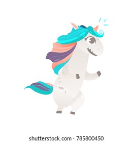 Vector cartoon funny stylized unicorn standing on hind legs with colorful hair and pink horn. Fairy mysterious creature, isolated illustration on a white background