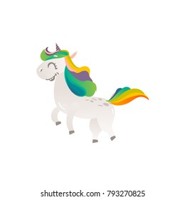 Vector cartoon funny stylized unicorn walking, smiling with rainbow colorful hair and horn. Fairy mysterious creature, isolated illustration on a white background