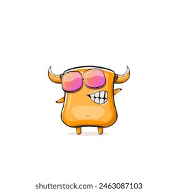 Vector cartoon funny summer orange monster with sunglasses isolated on transparent background. Smiling silly orange monster print sticker design template. Gremlin, goblin, devil and monster