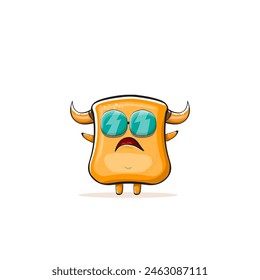 Vector cartoon funny summer orange monster with sunglasses isolated on transparent background. Smiling silly orange monster print sticker design template. Gremlin, goblin, devil and monster