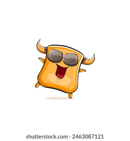 Vector cartoon funny summer orange monster with sunglasses isolated on transparent background. Smiling silly orange monster print sticker design template. Gremlin, goblin, devil and monster