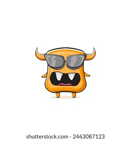 Vector cartoon funny summer orange monster with sunglasses isolated on transparent background. Smiling silly orange monster print sticker design template. Gremlin, goblin, devil and monster