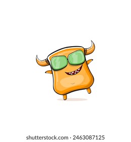 Vector cartoon funny summer orange monster with sunglasses isolated on transparent background. Smiling silly orange monster print sticker design template. Gremlin, goblin, devil and monster