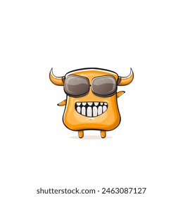 Vector cartoon funny summer orange monster with sunglasses isolated on transparent background. Smiling silly orange monster print sticker design template. Gremlin, goblin, devil and monster