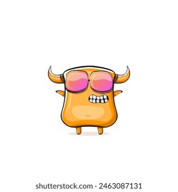 Vector cartoon funny summer orange monster with sunglasses isolated on transparent background. Smiling silly orange monster print sticker design template. Gremlin, goblin, devil and monster