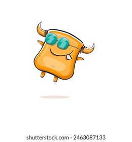 Vector cartoon funny summer orange monster with sunglasses isolated on transparent background. Smiling silly orange monster print sticker design template. Gremlin, goblin, devil and monster