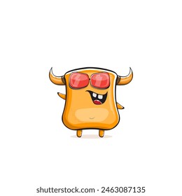 Vector cartoon funny summer orange monster with sunglasses isolated on transparent background. Smiling silly orange monster print sticker design template. Gremlin, goblin, devil and monster