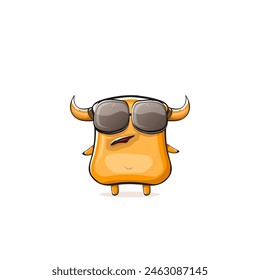 Vector cartoon funny summer orange monster with sunglasses isolated on transparent background. Smiling silly orange monster print sticker design template. Gremlin, goblin, devil and monster