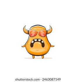 Vector cartoon funny summer orange monster with sunglasses isolated on transparent background. Smiling silly orange monster print sticker design template. Gremlin, goblin, devil and monster