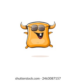 Vector cartoon funny summer orange monster with sunglasses isolated on transparent background. Smiling silly orange monster print sticker design template. Gremlin, goblin, devil and monster