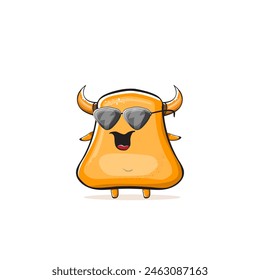 Vector cartoon funny summer orange monster with sunglasses isolated on transparent background. Smiling silly orange monster print sticker design template. Gremlin, goblin, devil and monster