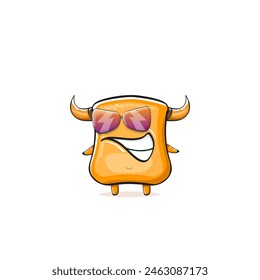 Vector cartoon funny summer orange monster with sunglasses isolated on transparent background. Smiling silly orange monster print sticker design template. Gremlin, goblin, devil and monster