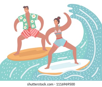 Vector cartoon funny summer water sport activities cartoon characters young laughing surf man and woman couple ride their surfboards, full length, isolated.