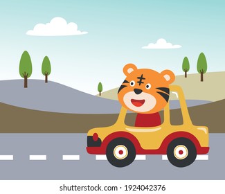 Vector cartoon of funny tiger driving car in the road with village landscape. Can be used for t-shirt printing, children wear fashion designs, baby shower invitation cards and other decoration.
