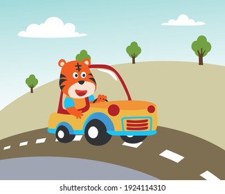 Vector cartoon of funny tiger driving car in the road with village landscape. Can be used for t-shirt printing, children wear fashion designs, baby shower invitation cards and other decoration.