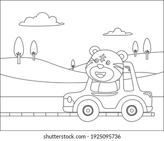 Vector cartoon of funny tiger driving car in the road with village landscape. Cartoon isolated vector illustration, Creative vector Childish design for kids activity colouring book or page.