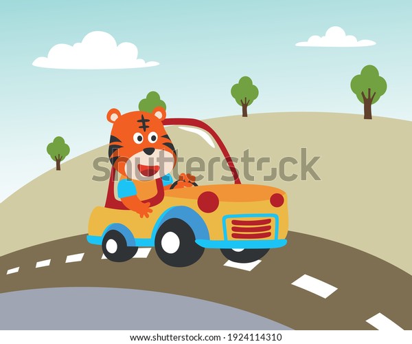 Vector cartoon of funny tiger driving car in\
the road with village landscape. Can be used for t-shirt printing,\
children wear fashion designs, baby shower invitation cards and\
other decoration.