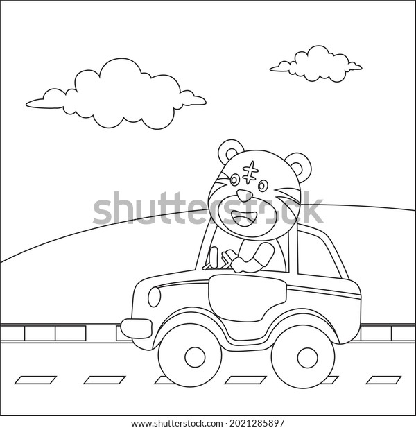Vector cartoon of funny tiger driving car in the\
road with village landscape. Cartoon isolated vector illustration,\
Creative vector Childish design for kids activity colouring book or\
page.