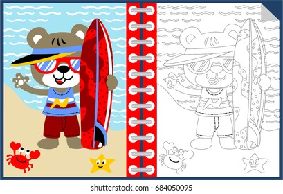 Vector cartoon of funny tiger holding surfboard with marine animals, coloring book or page