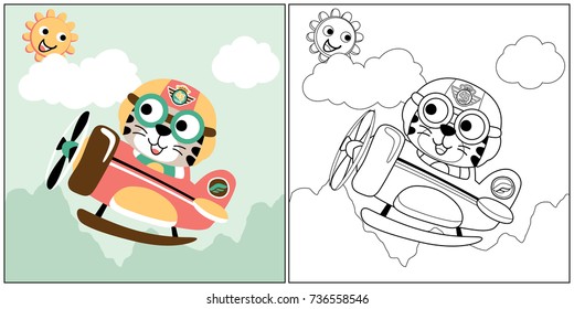 vector cartoon of funny tiger on airplane with smiling sun in sky, coloring book or page