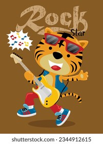 Vector cartoon of funny tiger playing electric guitar