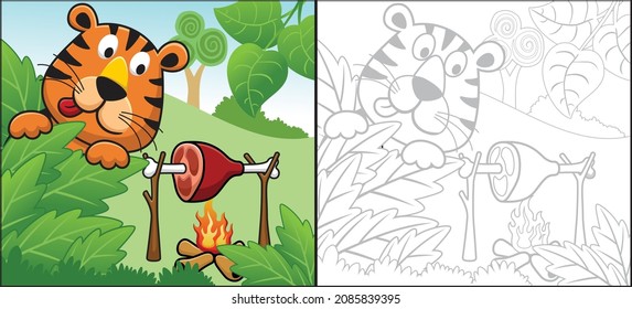 Vector cartoon of funny tiger roasting meat in forest. Coloring book or page